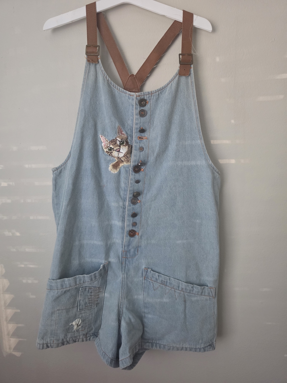 Light Wash Denim Cat Embroidered Short Overalls